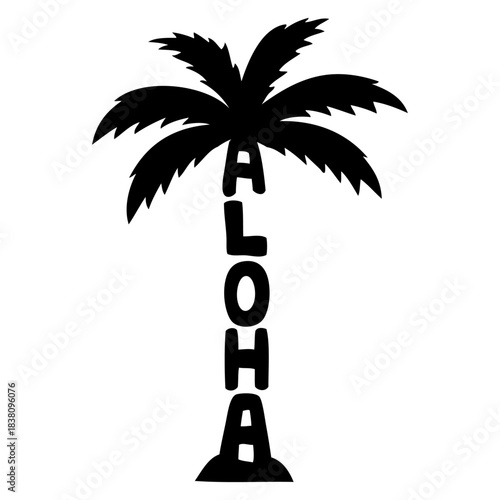 Logo vacaciones en Hawái. Letras de la palabra aloha en tronco de silueta de la palma