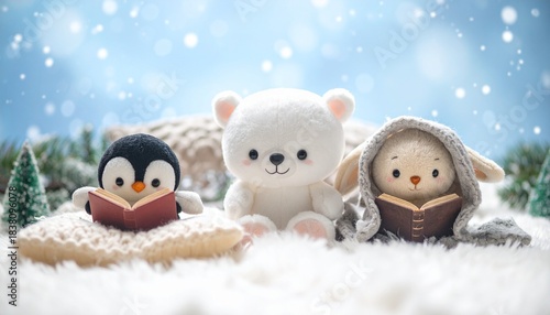Wallpaper Mural 冬の読書を楽しむかわいいぬいぐるみたち、うさぎとくま、ペンギン Torontodigital.ca