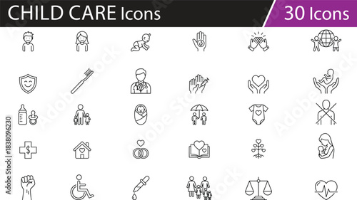 Family care, health support, childcare icons, medical service, parenting, wellness, social protection, insurance, baby care, motherhood, safety, love, community, vector set for public service design