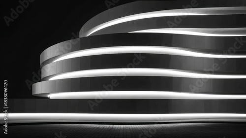 Modern building facade with glowing curved light bands at night. AI generative
