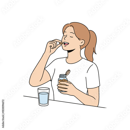 Woman Taking Vitamin Supplement Healthy Lifestyle Daily Wellness Routine Female Holding Bottle and Drinking Water Minimal Vector Illustration