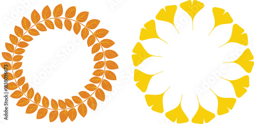 Autumn leaf wreath and abstract floral circle set, decorative botanical frames for seasonal design projects