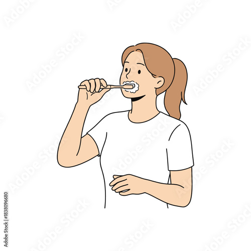 Woman Brushing Teeth Practicing Daily Oral Hygiene Routine Minimal Vector Illustration of Female Cleaning Teeth in Morning Dental Care Scene