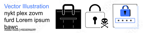 Cybersecurity, data protection, online safety, password management, encryption, hacking prevention. Graphic of a lock, briefcase keyhole skull warning and password field. Cybersecurity and data