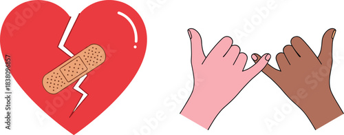Broken heart with bandage and pinky promise hands illustration, symbols of healing, friendship, trust, and emotional support