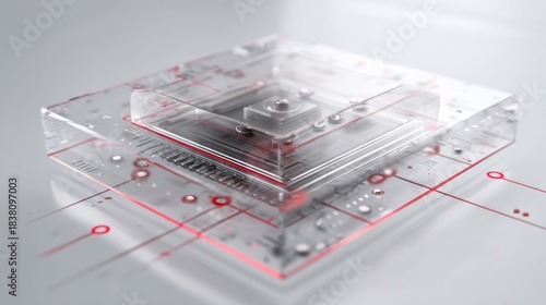 Transparent glass microchip on futuristic circuit board. AI generative