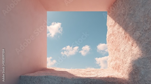 Minimalist stone architectural window framing blue sky and soft clouds. AI generative