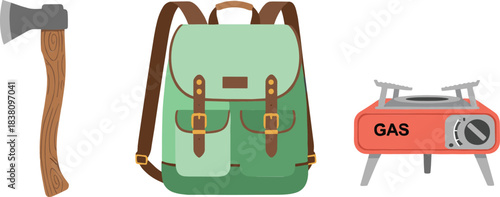 Camping equipment icon set with axe, backpack, and gas stove, outdoor adventure gear flat vector illustration