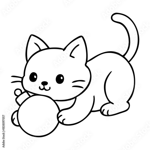 Dibujo sencillo con líneas de gatito jugando con una bola de navidad para tarjetas y felicitaciones de Navidad