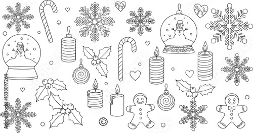 Christmas doodle outline set with snowflakes, candles, gingerbread man, ornaments and holiday elements for coloring designs