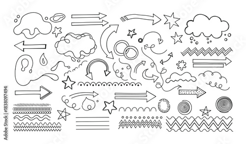 Assorted Hand Drawn Doodle Elements Including Arrows Clouds Stars and Swirls Keywords: doodle, hand drawn, sketch, arrow, cloud, star, swirl, line, abstract, graphic, design element, isolated