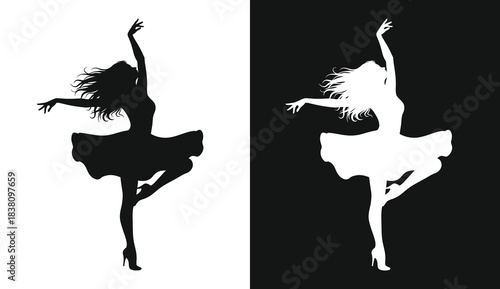 Elegant ballerina in dynamic pose shown in contrasting black and white silhouettes