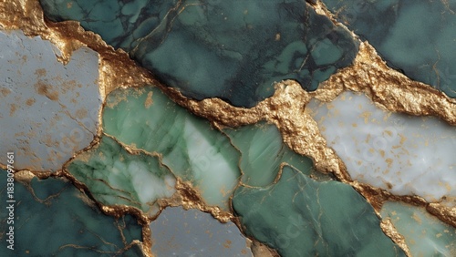 Close-up view of luxurious marble-like surface with rich green, gray, and white tones accented by raised metallic gold veining. Opulence, texture, and elegance in stylized decorative composition 