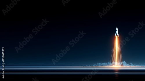 Vertical rocket launch with bright orange flames and vapor trails rising against blue gradient sky, the raw force of propulsion, ambition of space exploration. Futuristic vision of human innovation