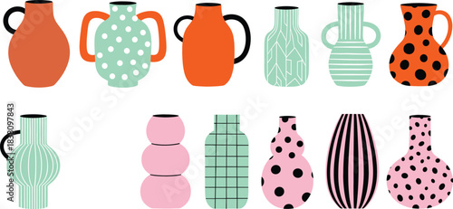 Colorful modern ceramic vase collection with abstract shapes, playful patterns and minimalist flat vector illustration