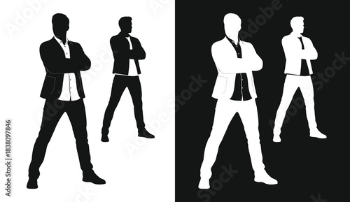 Four confident business professionals in suits standing with arms crossed in black and white