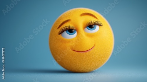3D rendered yellow emoji face with textured surface, dreamy upward gaze of blue eyes, subtle smile and whimsical mood placed on smooth blue gradient background, symbolizing digital emotion and fantasy