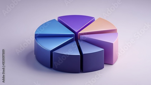 3D pie chart with eight evenly spaced segments in shades of blue, purple, and pink placed on soft gradient background, visualizing balanced data distribution in abstract digital infographic style