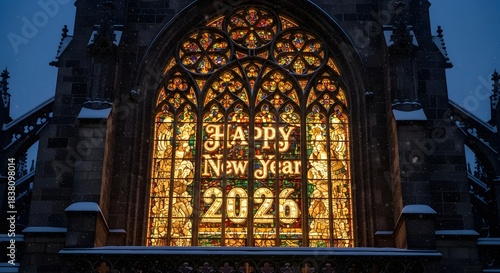 Illuminated gothic stained glass window displays a warm happy new year 2026 greeting during a snowy evening