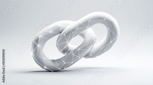 Two interlocked white torus-shaped rings overlaid with geometric mesh of lines and nodes on light gray gradient background, symbolizing digital connectivity, blockchain structure, and abstract network