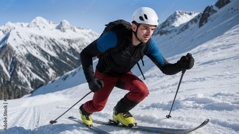Naklejka premium Focused ski mountaineer pushing uphill across steep bright snow ridge. Concept of wearables for ascent monitoring, extreme lifestyle visuals and rugged winter automobile capability marketing.