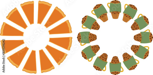 Creative food wreath set with orange pie slices and mugs of hot drink, playful circular frame vector illustration