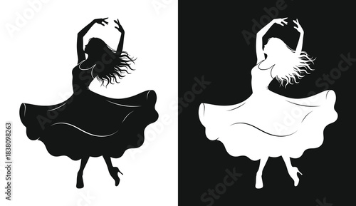 Elegant woman dancing in a flowing dress presented in contrasting black and white tones