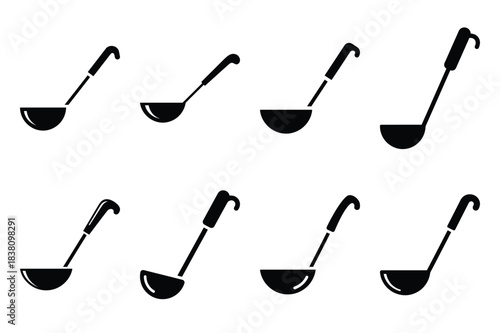 Set of Minimalist black wok ladle kitchen tool silhouette icon set