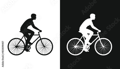 Silhouetted cyclist riding a bicycle in contrasting black and white tones