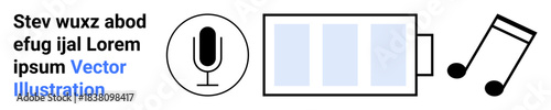 Audio recording, sound creation, energy management, music production, podcasting, media tools. A microphone, battery icon and music notes. Audio recording and sound creation concept