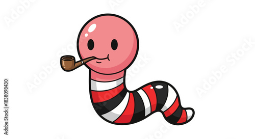 Playful cartoon worm with a smoking pipe against a pristine white backdrop