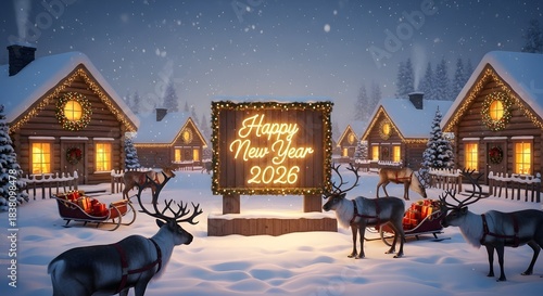 Festive reindeer and glowing sign welcome the new year 2026 at a cozy snow covered winter village scene