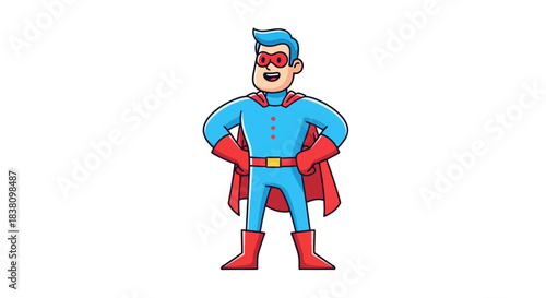 Cartoon superhero standing tall radiating strength with hands on hips showcasing prowess