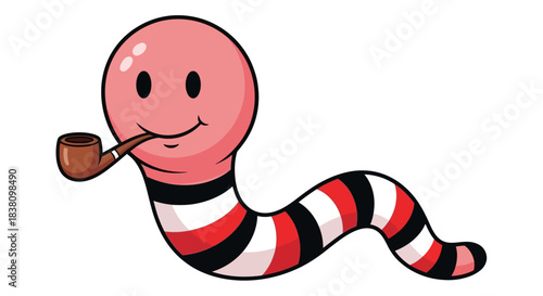 Cartoonish smiling earthworm character with red black and white stripes smoking a pipe