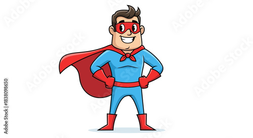 Cartoon superhero character posing confidently with hands on hips in a colorful suit and cape