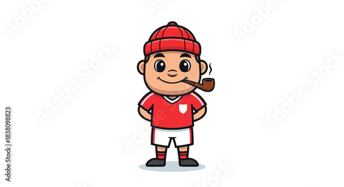 Adorable cartoon character with a red beanie and smoking pipe creating playful scene