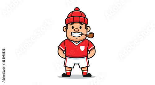 Cartoonish character with retro sportswear and a pipe evoking vintage sportsmanship and playful