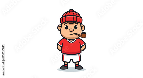 Stylized cartoon character with a pipe, red beanie, and matching sports attire illustration