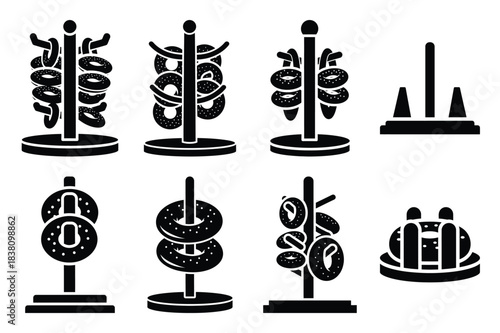 Set of Minimalist black bagel holder kitchen tool silhouette icon set
