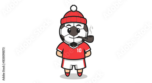 Whimsical soccer ball character wearing a beanie and smoking a pipe illustration