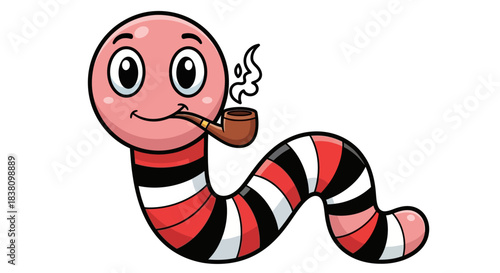 Cartoon earthworm character enjoying a tobacco pipe with stripes and charming smile