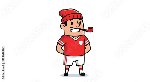 Cartoonish character enjoying a smoking pipe while casually dressed in sportswear