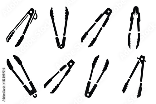 Set of Minimalist black bbq tongs kitchen tool silhouette icon set