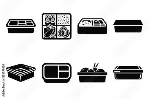 Set of Minimalist black bento box kitchen tool silhouette icon set