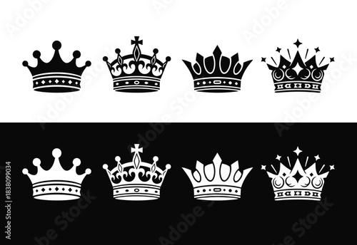 Collection of ornate black and white crown illustrations on contrasting backgrounds