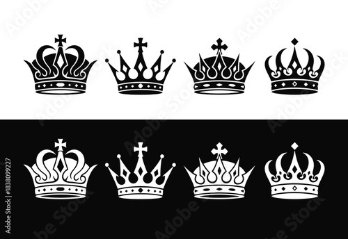 Collection of ornate royal crowns in black and white sketch style illustration