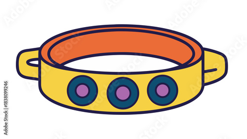 Colorful Pet Collar with Three Purple Circles on Yellow Band and Orange Top Border Isolated on Black Background Detailed Illustration Pet Accessory Item for Dogs or Cats with Fun Design and Playful