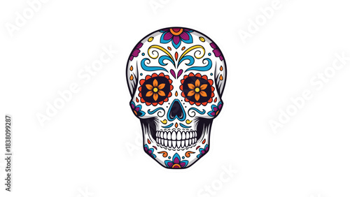 Colorful Sugar Skull Art with Intricate Floral Patterns and Festive Decorations on a Black Background Vibrant Day of the Dead Celebration Symbol