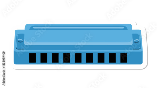 Close up of a bright blue harmonica with a white outline on a black background with simple design and smooth finish perfect for musical illustration or graphic design elements