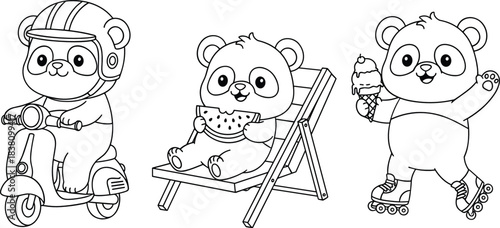Cute bear outline character set with scooter, beach chair and skating, playful animal coloring page vector illustration